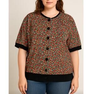 Vintage Floral Button Front Blouse Black Trim Size 20 Made in USA